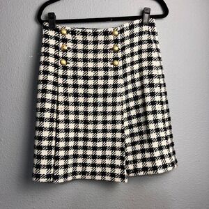 Talbots Houndstooth Wool Blend Tweed Mini Skirt Gold Crest Buttons Black White 4